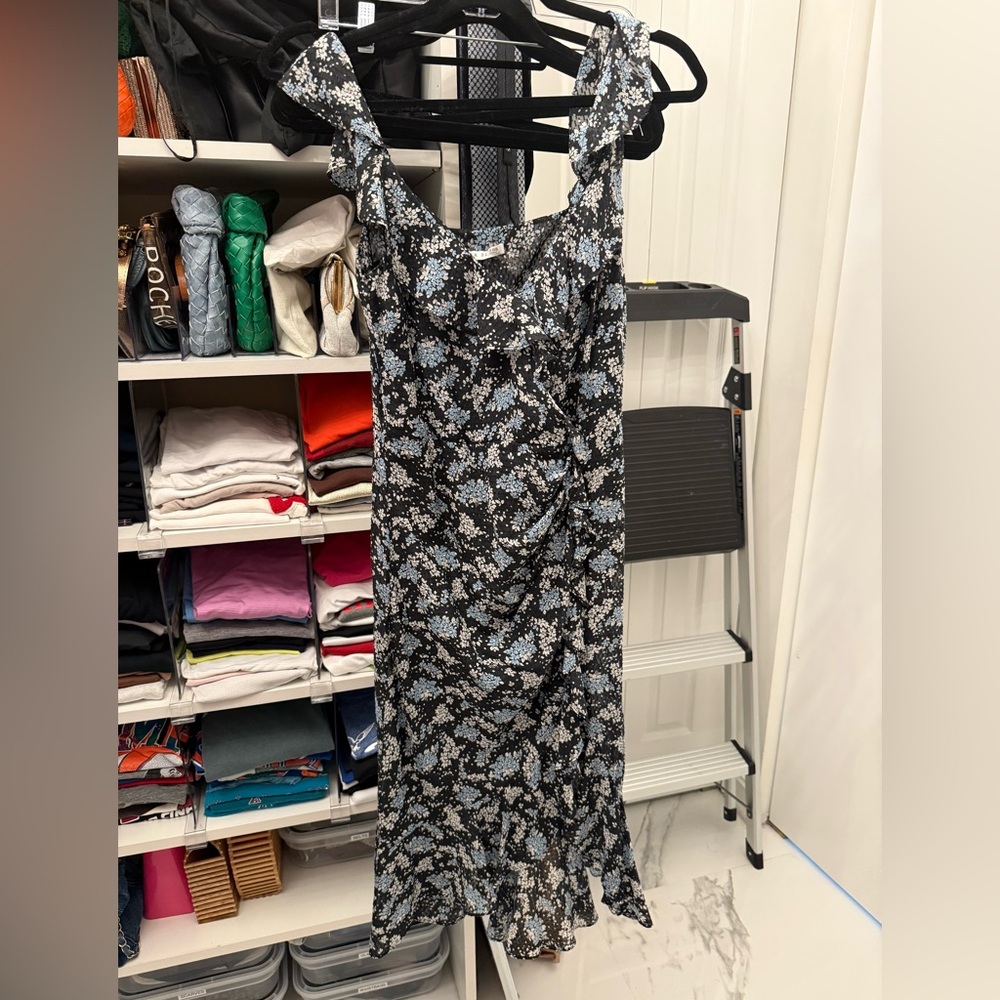 Veronica Beard Black and Blue Floral Flutter sleeve Ruffle Dress